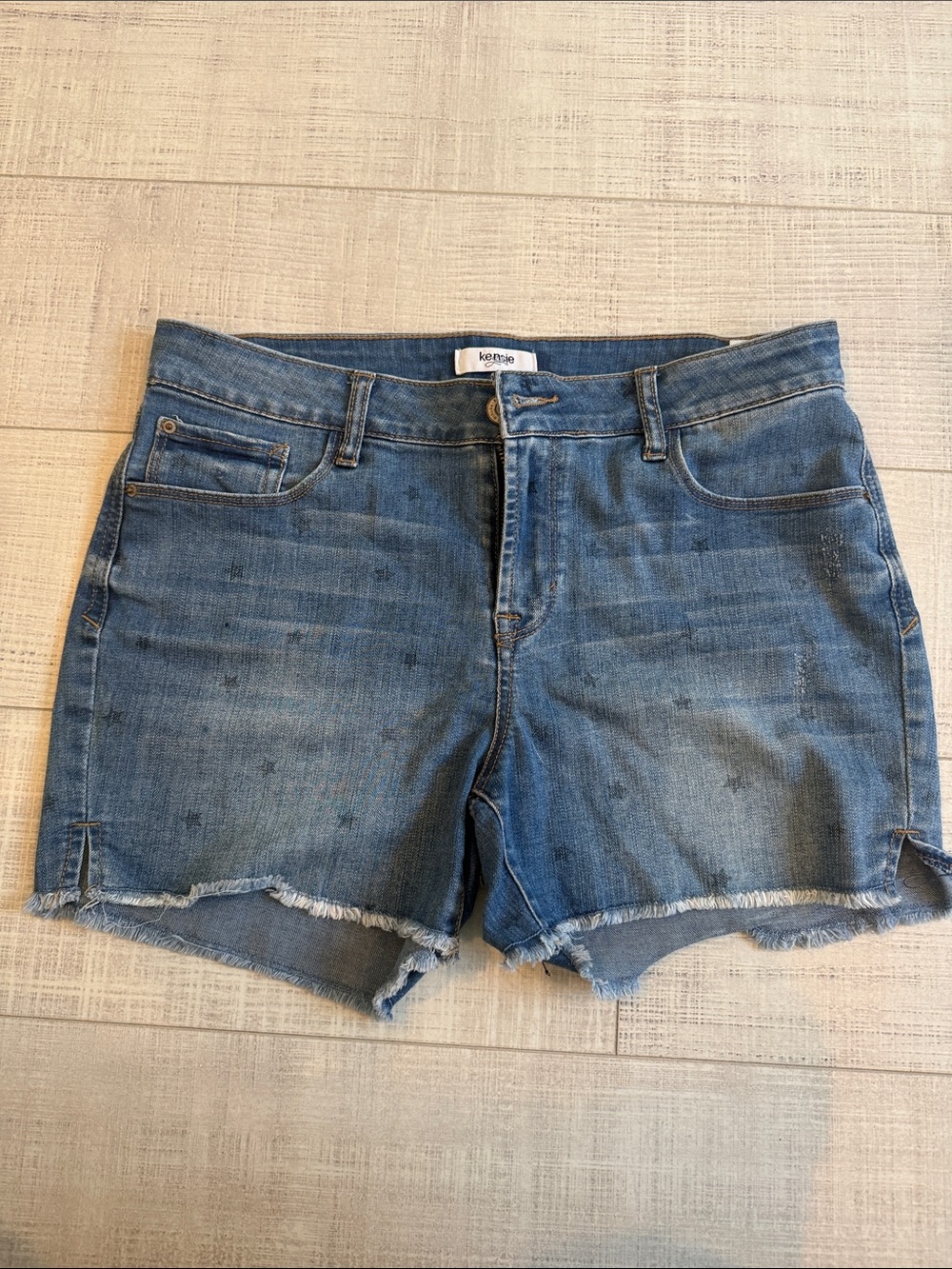 kenzie Distressed Light Blue Denim Cutoff Shorts with Subtle Star Print